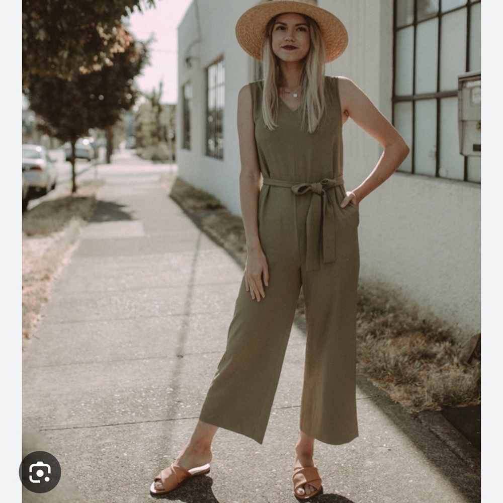 Everlane Olive Green Sleeveless Wide-Leg Tie-Waist Jumpsuit